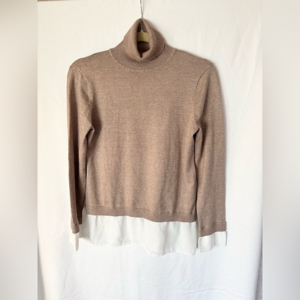 Adrianna Papell tan Turtleneck Sweater with White Hem